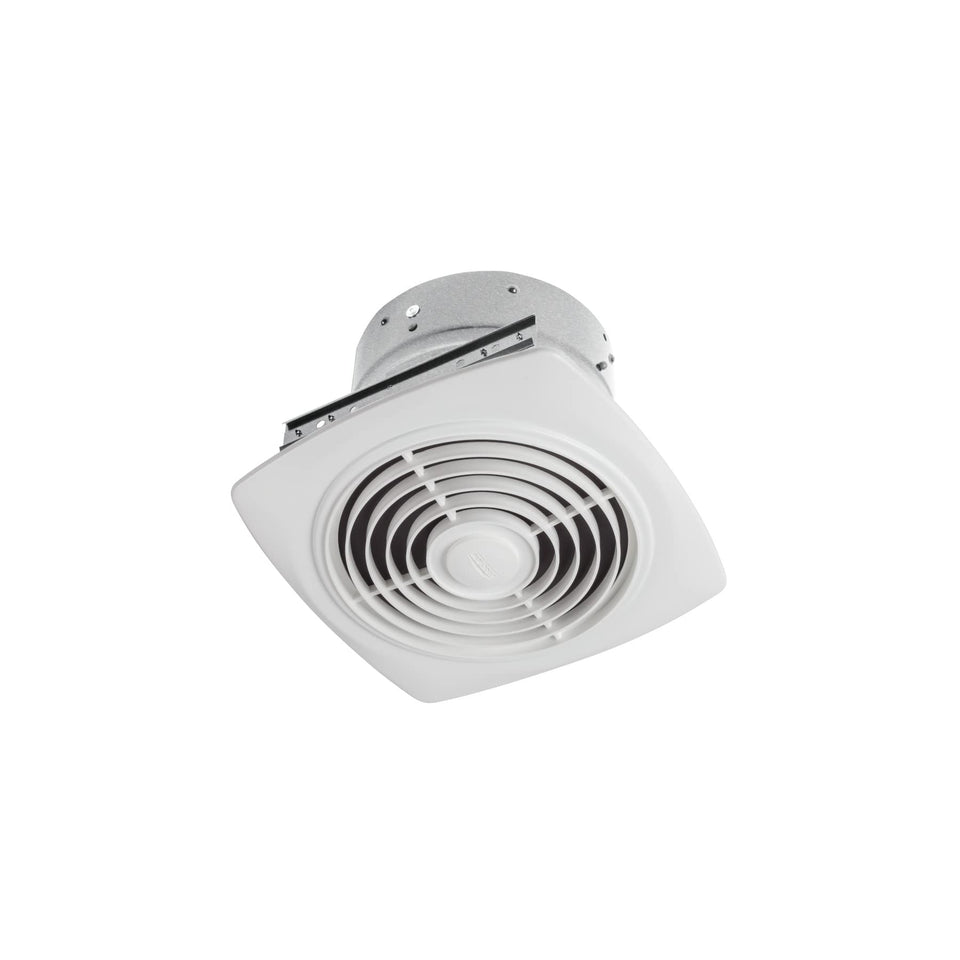 Broan-NuTone 505 exhaust fan installed between ceiling joists for flexible placement.