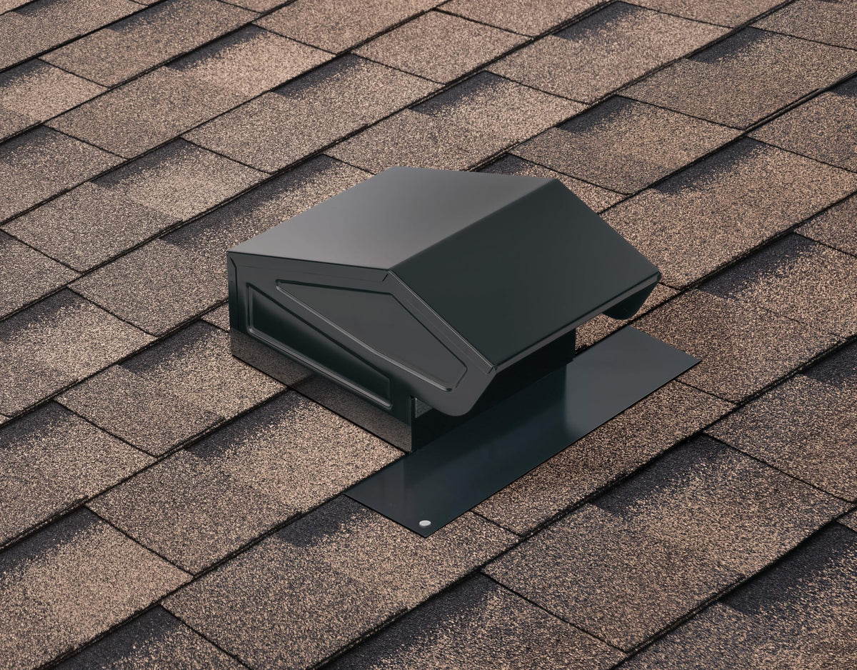 Broan-NuTone 636 roof cap installed on pitched roof provides backdraft protection.