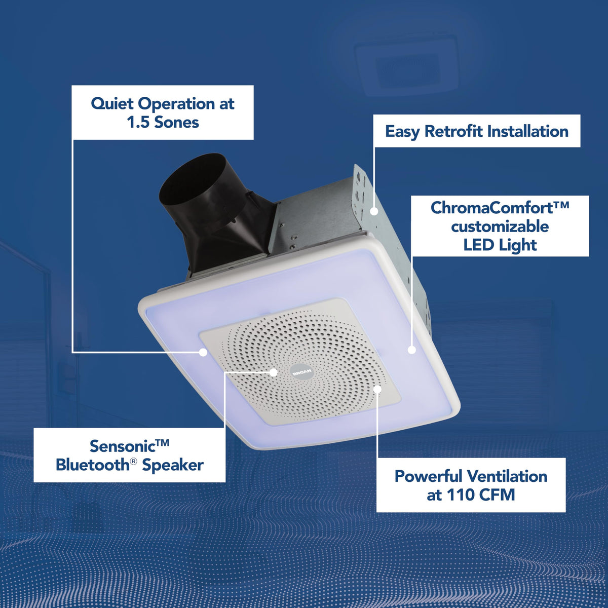 ChromComfort LED lighting with 24 colors for mood customization in the bathroom.