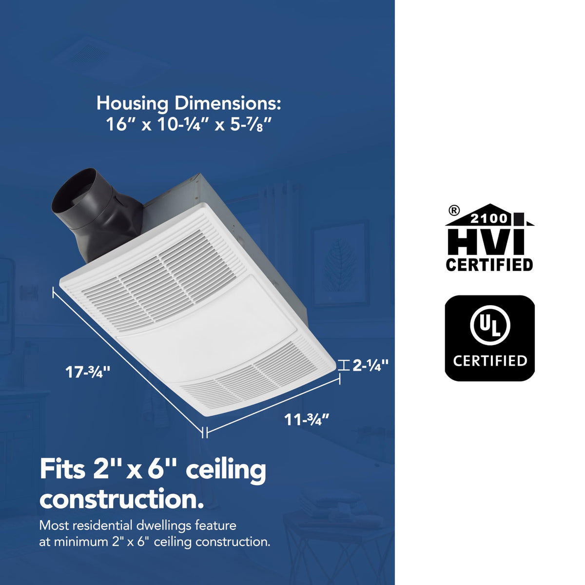 Ceiling-mounted PowerHeat unit designed for 2x6 construction installation