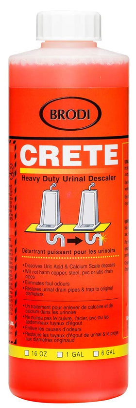 Brodi Crete bottle pour demonstrates urinal descaling action for smoother drains.