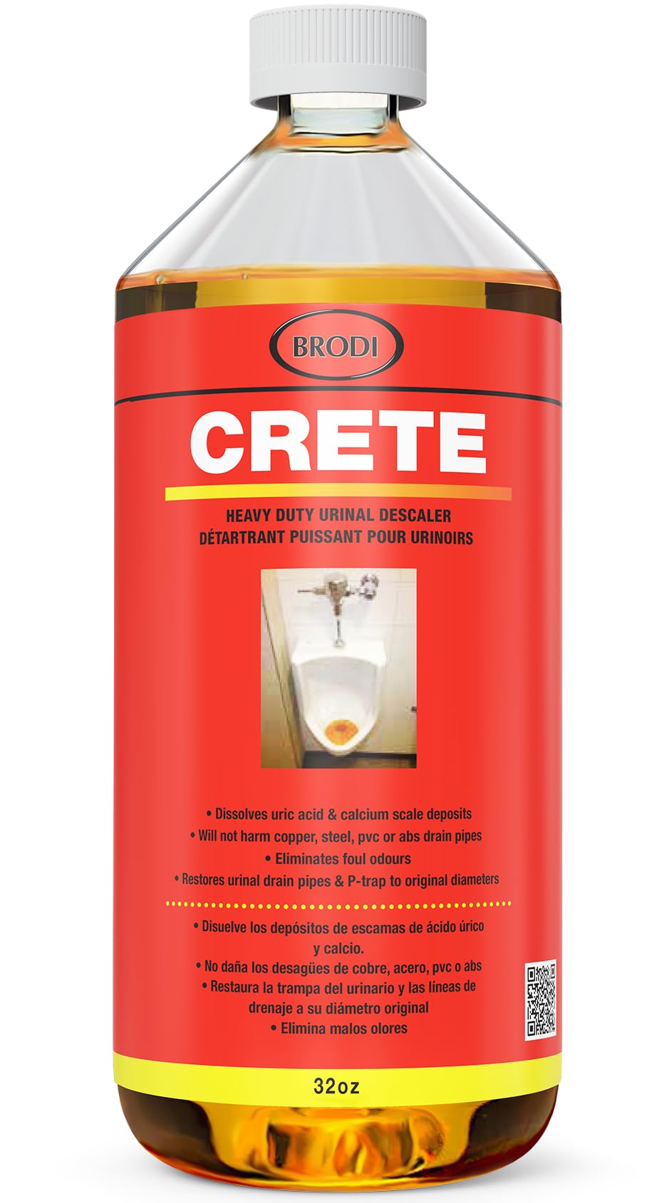 Brodi Crete urinal cleaner bottle front, professional formula for tough buildup.