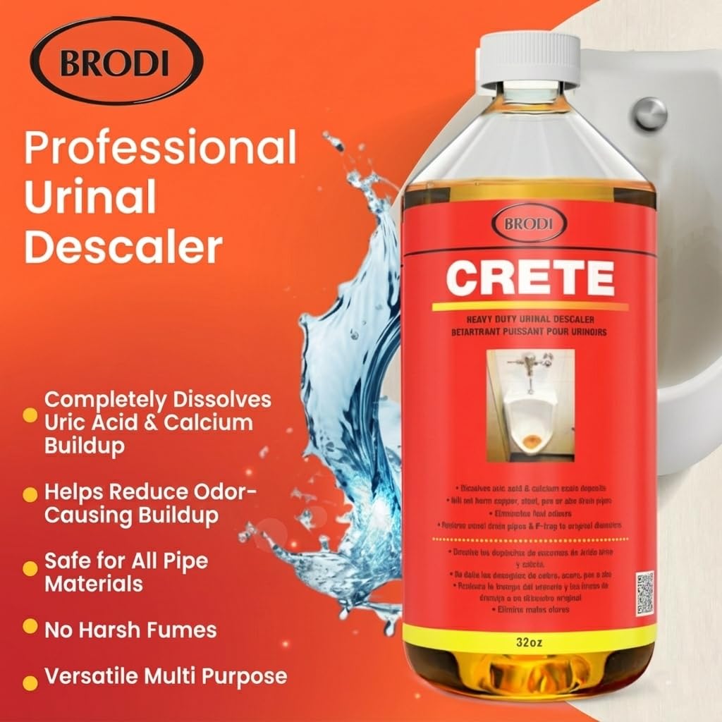 Brodi Crete bottle with clear liquid designed to break down mineral deposits.