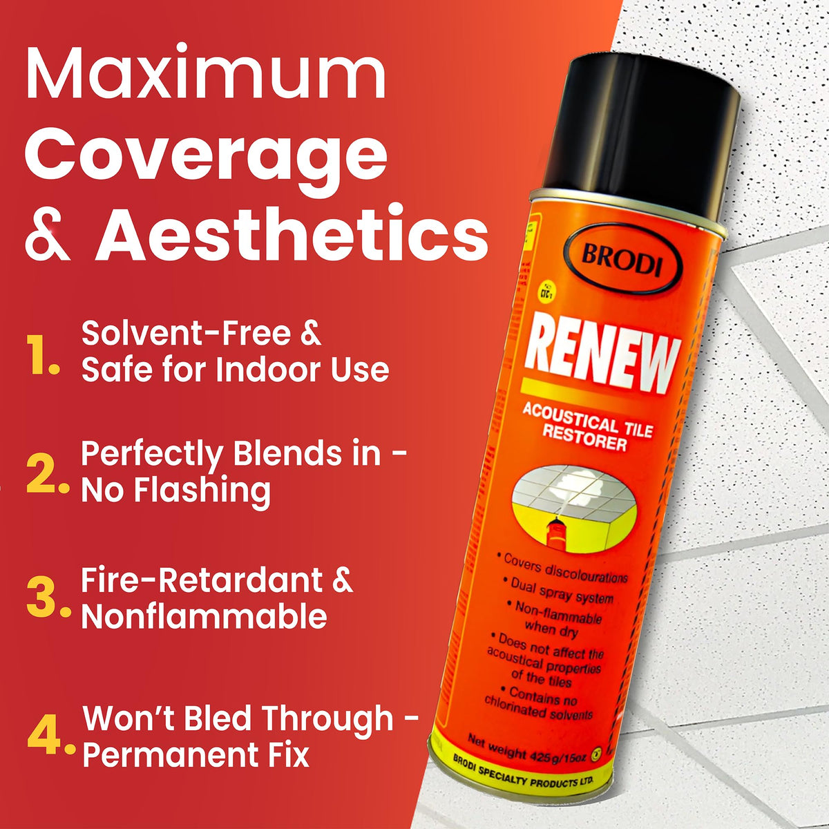 Brodi Renew being sprayed on a ceiling tile for fast, professional-grade coverage.