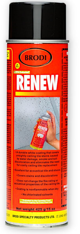 Brodi Renew ceiling tile spray can ready for application for stain concealment on a ceiling.