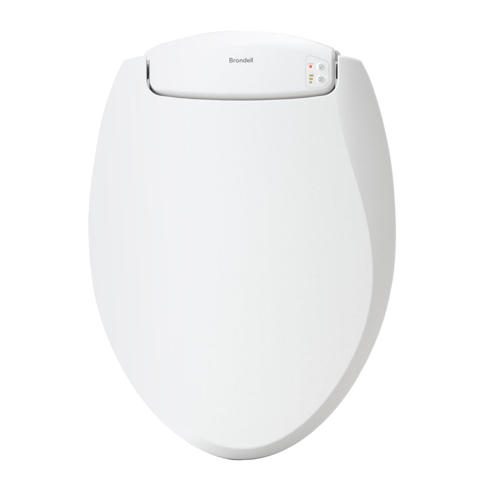 Brondell LumaWarm seat installed on a standard toilet for year-round comfort.