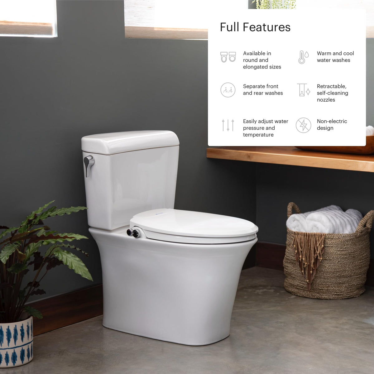 Brondell Swash EcoSeat 102 dual nozzle enables front and rear wash.