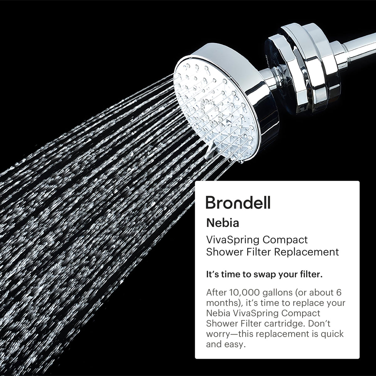 Brondell VivaSpring compact filter side view highlighting slim design saving shower space.
