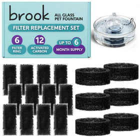 Brook glass pet fountain filter set with six rings and twelve pouches for cleaner hydration.