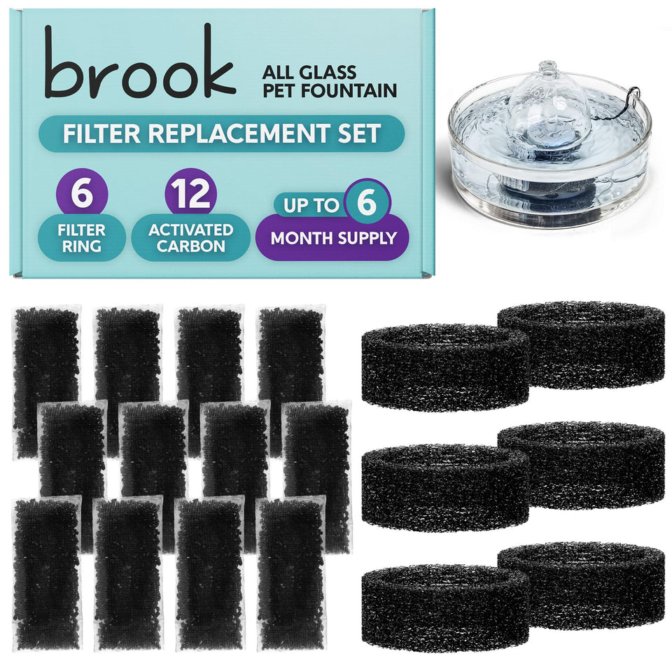 Brook glass pet fountain filter set with six rings and twelve pouches for cleaner hydration.