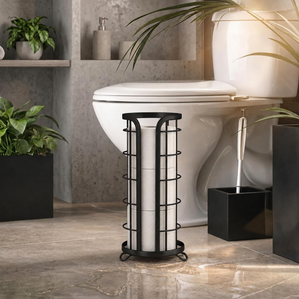 Brookstone freestanding toilet paper stand in bathroom, easy-access design for restocking