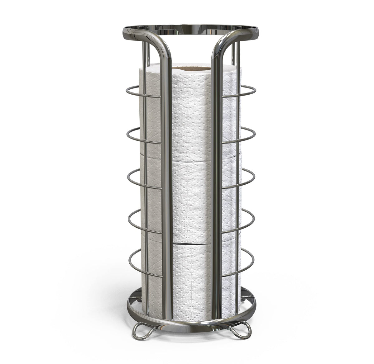 Brookstone chrome toilet paper holder front view with easy mega-roll access.