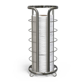 Brookstone chrome toilet paper holder front view with easy mega-roll access.