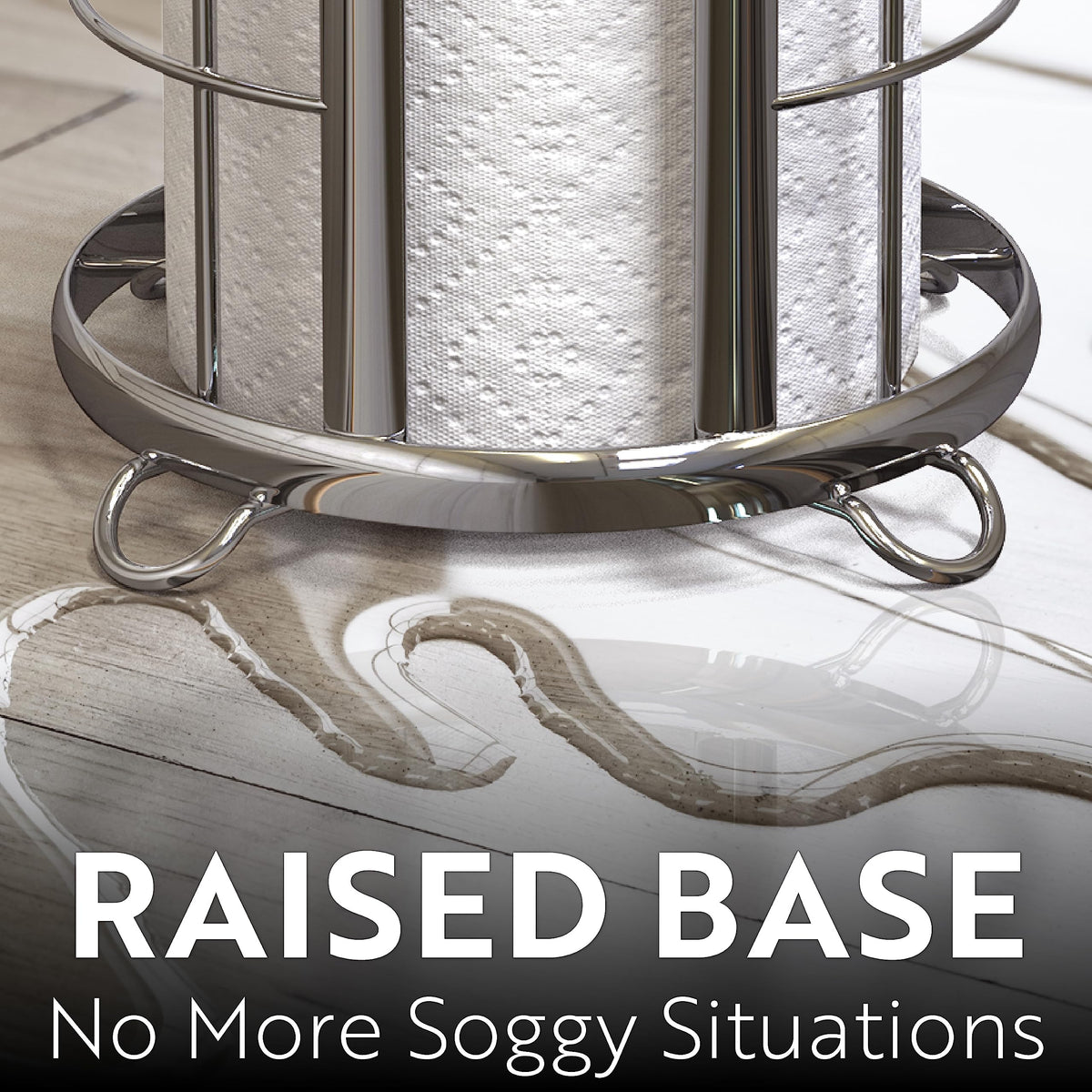 Brookstone chrome toilet paper holder open-top design for quick replacement.