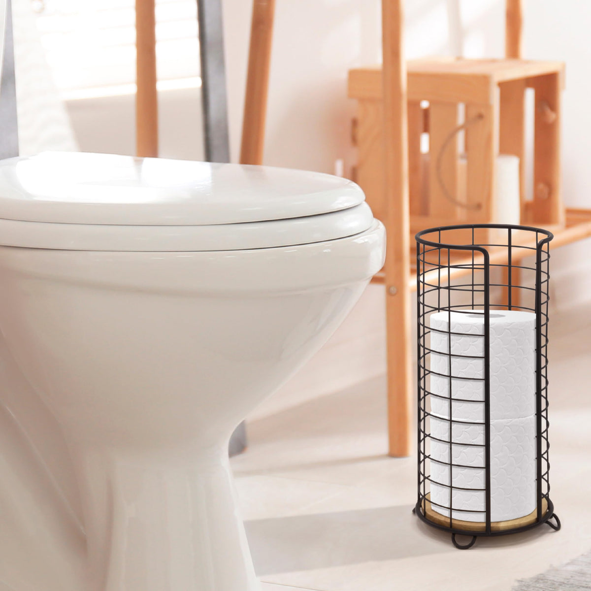 Brookstone space-saving design fits neatly beside the toilet.