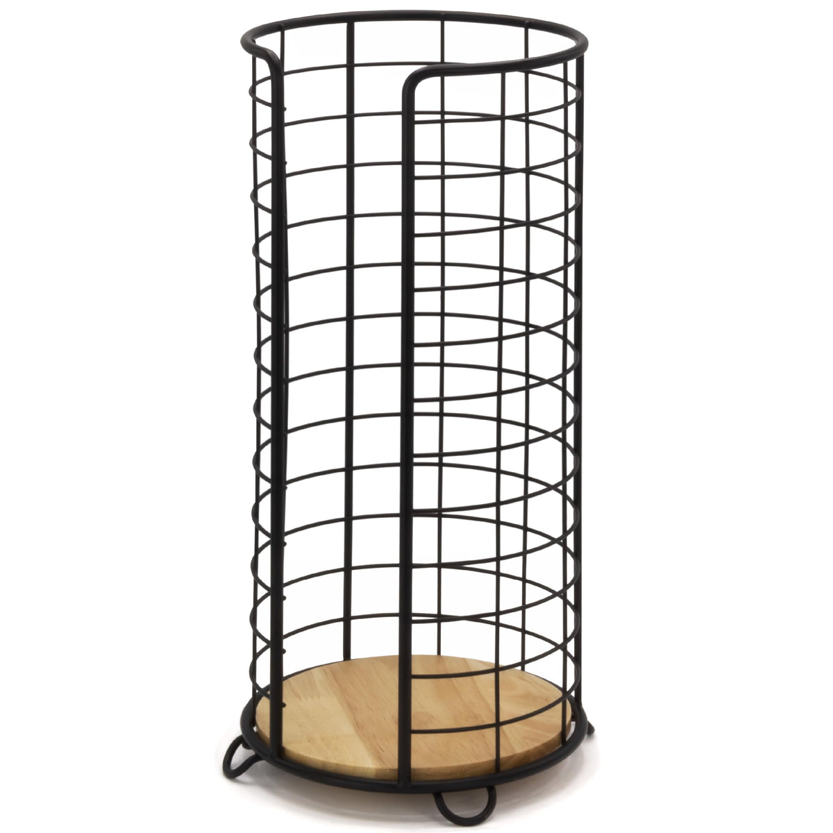 Brookstone toilet paper holder with bamboo base holds three mega rolls for clutter-free bathrooms.