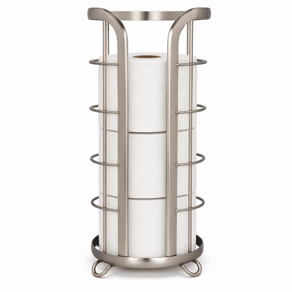 Brookstone toilet paper holder stand with mega-roll capacity and elevated base.