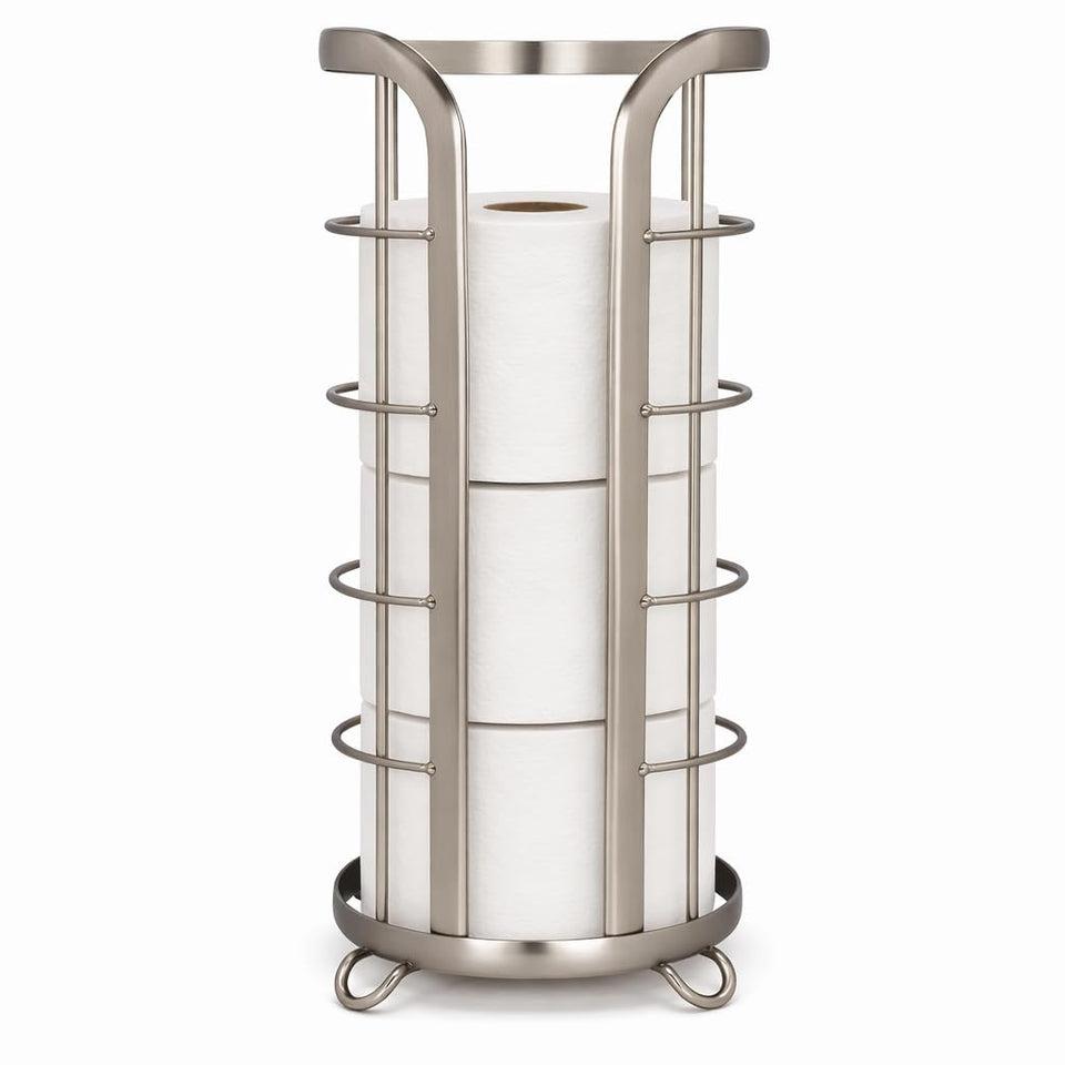 Brookstone toilet paper holder stand with mega-roll capacity and elevated base.