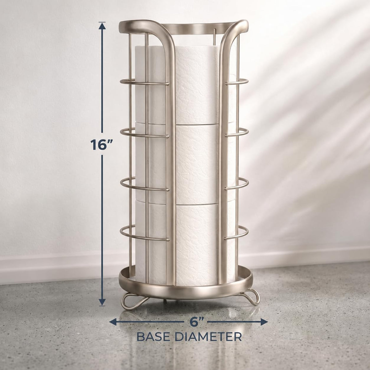 Brookstone nickel stand enhances modern bathroom decor and keeps rolls accessible.