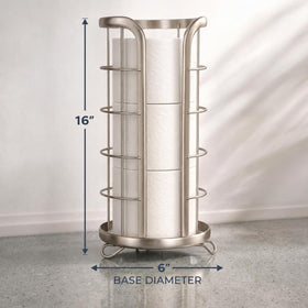Brookstone nickel stand enhances modern bathroom decor and keeps rolls accessible.