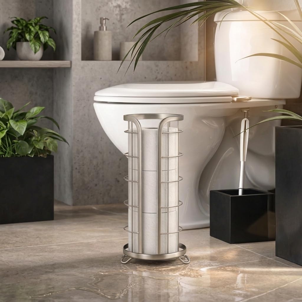 Brookstone space-saving toilet paper holder sits neatly beside the toilet.