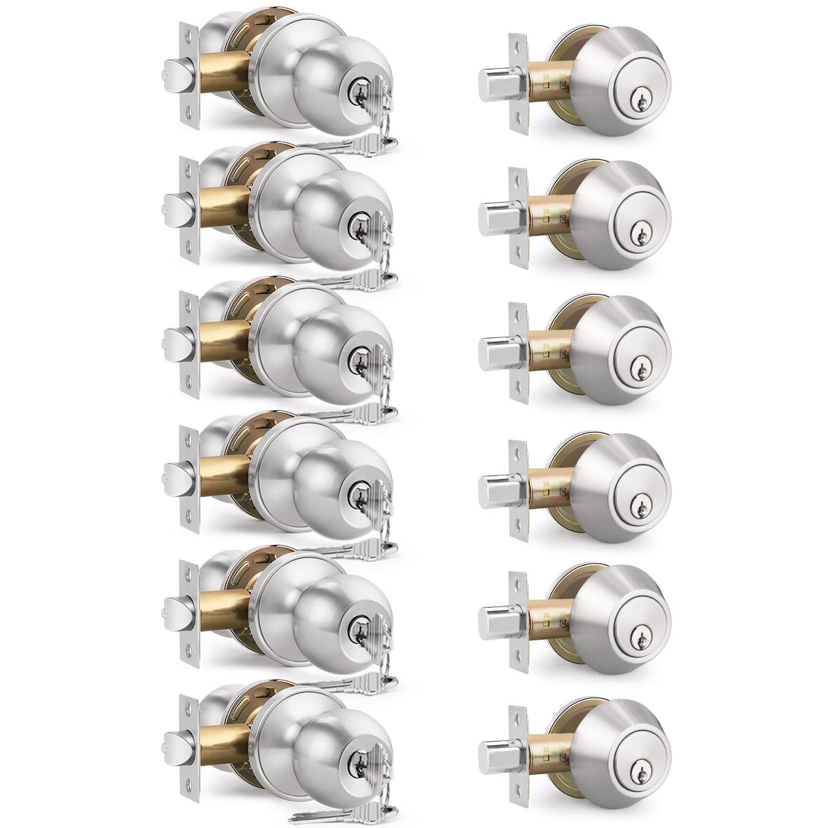 Brotima 6-pack keyed entry knob and deadbolt set on front door, satin nickel finish