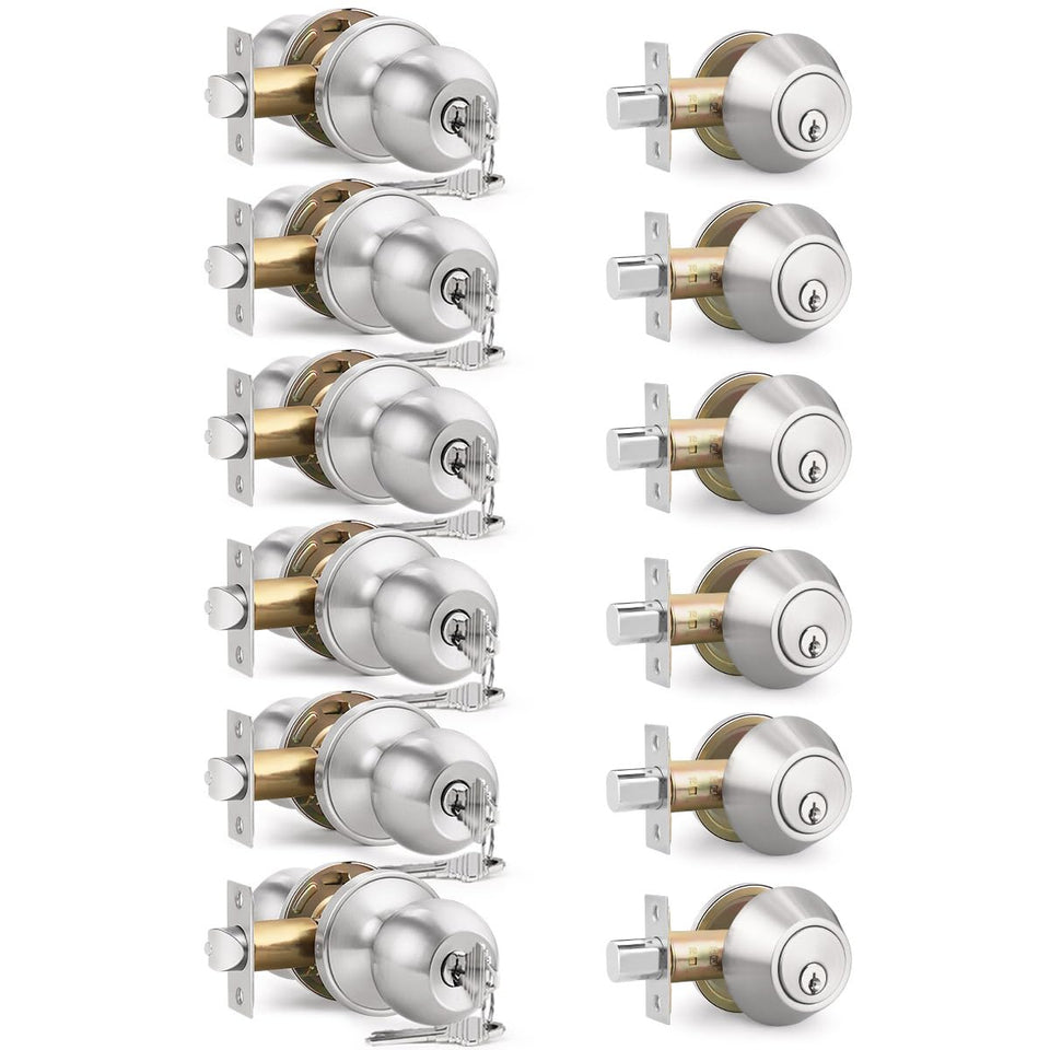 Brotima 6-pack keyed entry knob and deadbolt set on front door, satin nickel finish