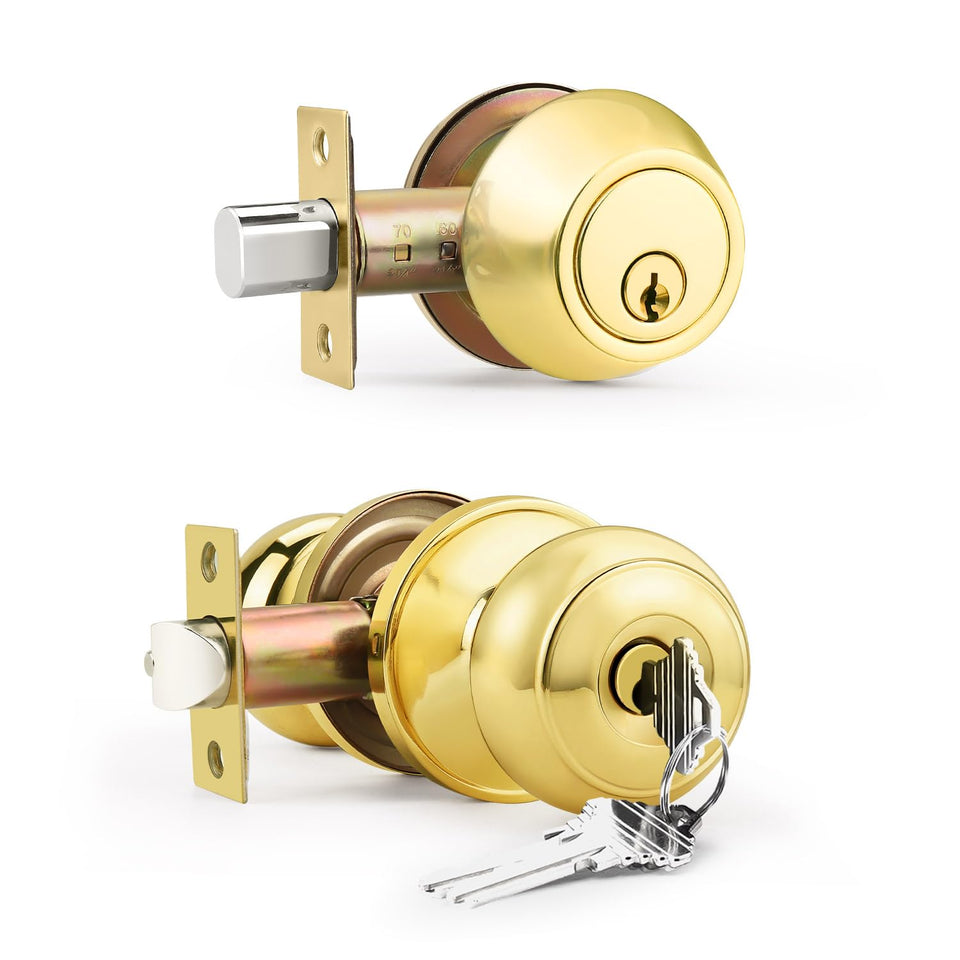 Brotima keyed-alike front door lockset main view with polished brass finish for easy, secure entry.