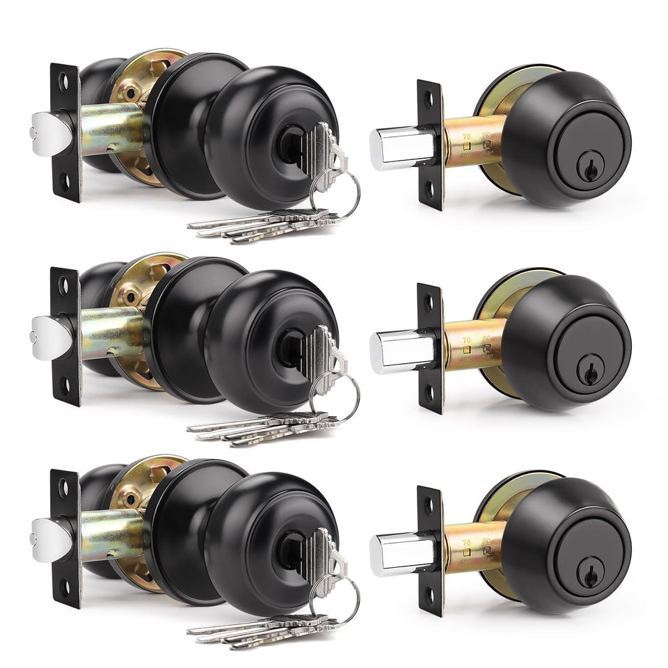 Brotima keyed-alike front door knob in matte black for simplified access.