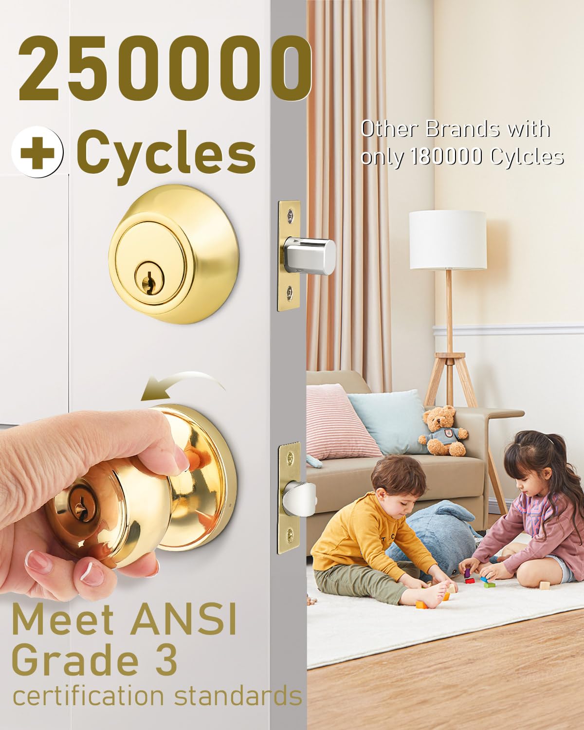 Brotima polished brass lockset close-up highlights anti-sawing bolt for added exterior door protection.