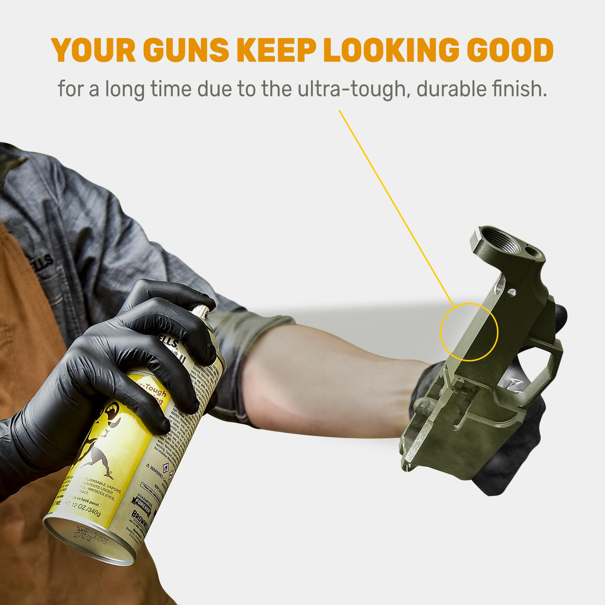 Brownells Aluma-Hyde II OD Green aerosol finish ideal for metal surface protection.