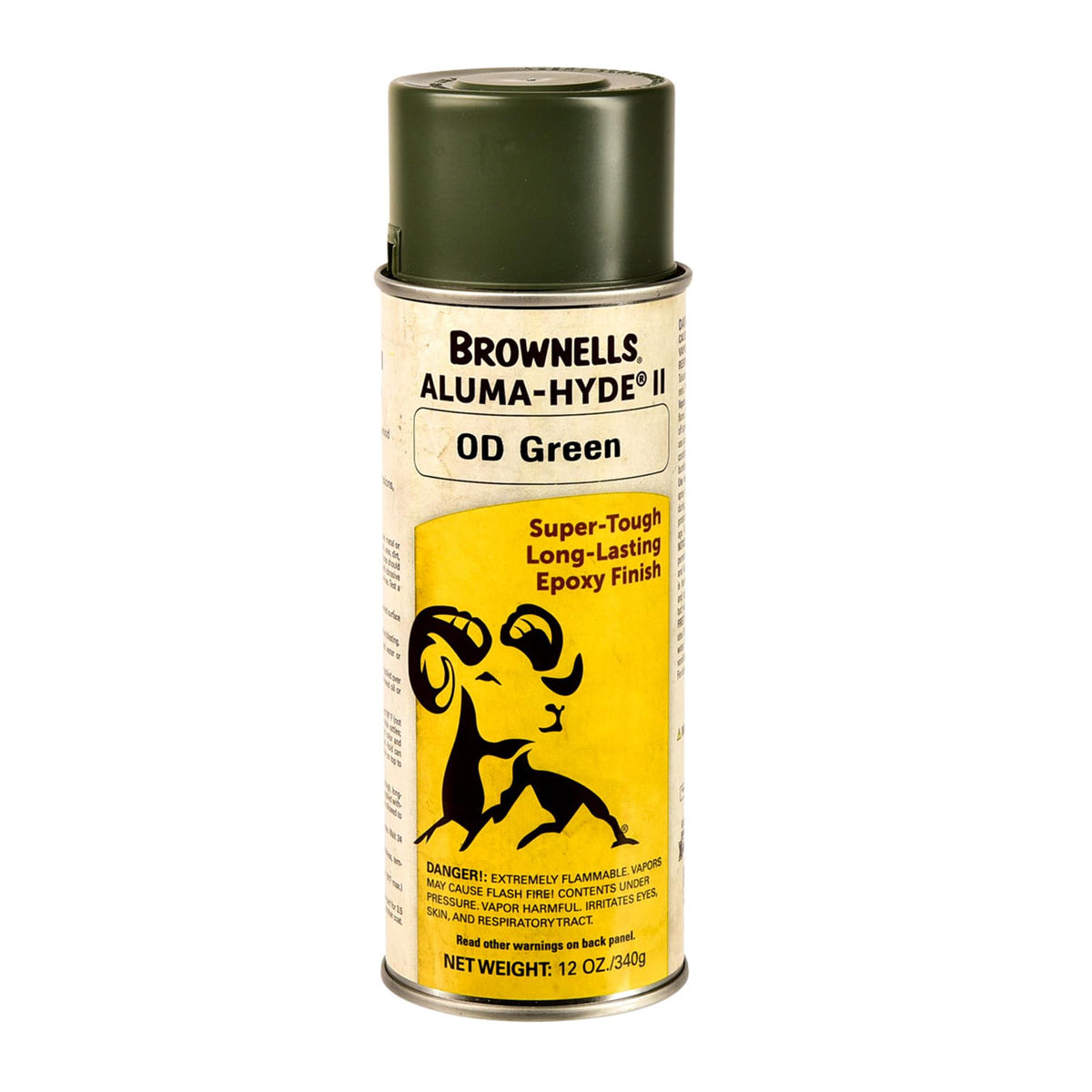 Brownells Aluma-Hyde II OD Green spray can offers durable firearm finish protection.
