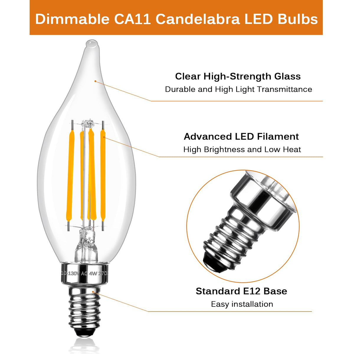 Brtstiun E12 flame-tip clear bulb enhances chandeliers with warm glow.