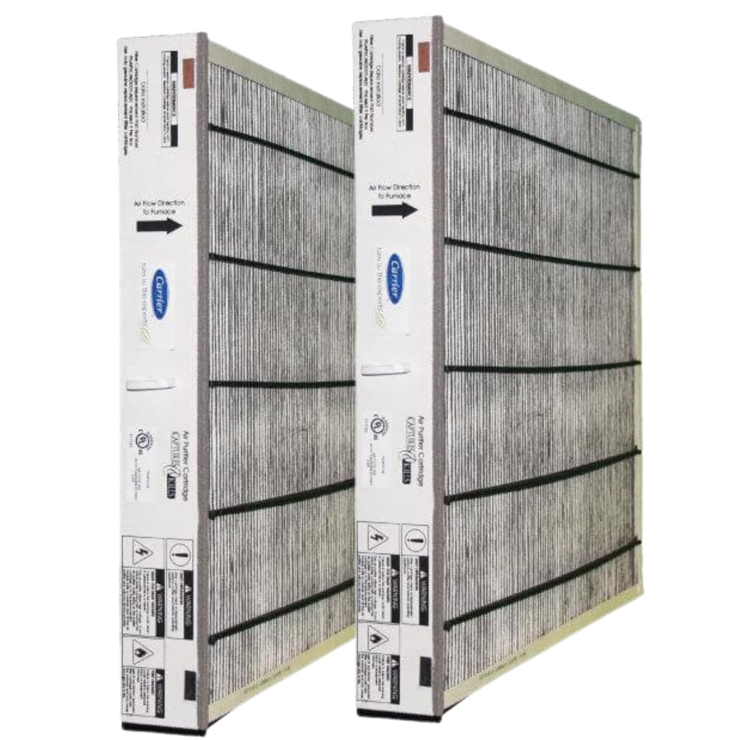 Bryant/Carrier air purifier cartridge 2-pack, front view, supports easy replacement and clean air.