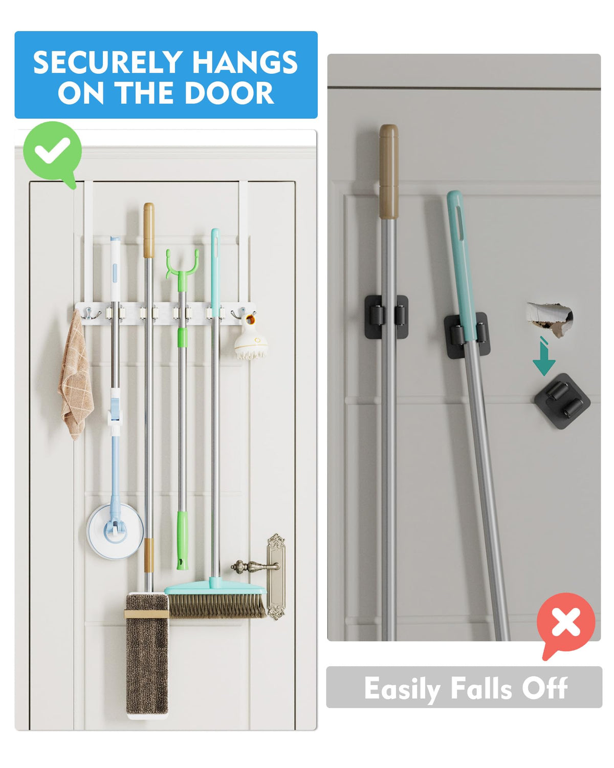 BS-VOG door-mount mop organizer keeps spaces clutter-free by tucking mops and brooms neatly.