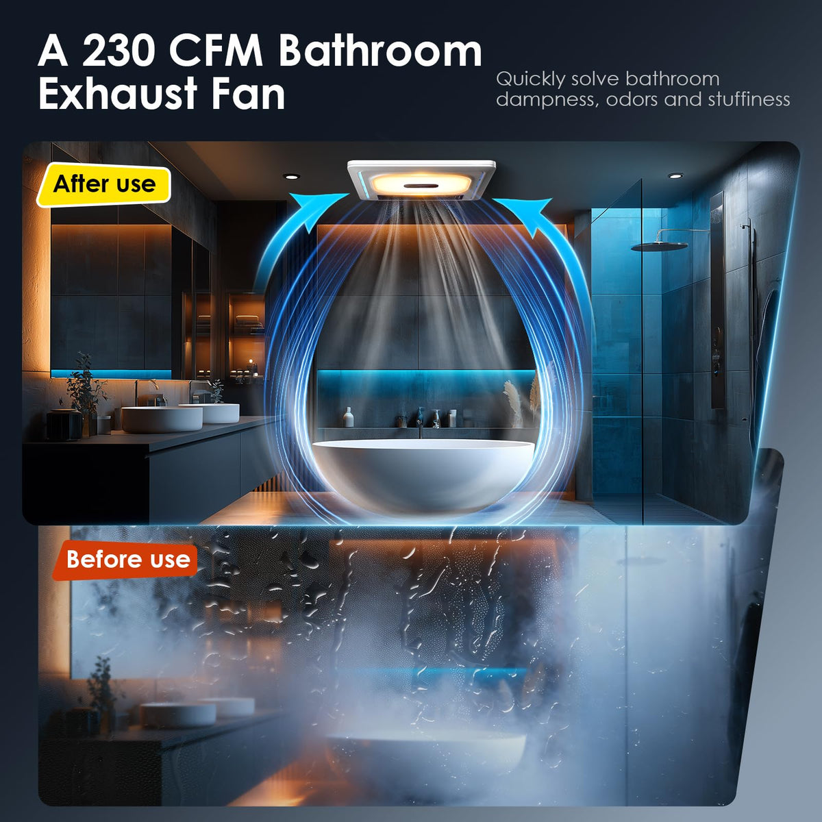 BSEED exhaust fan with 3CCT light provides focused task lighting.