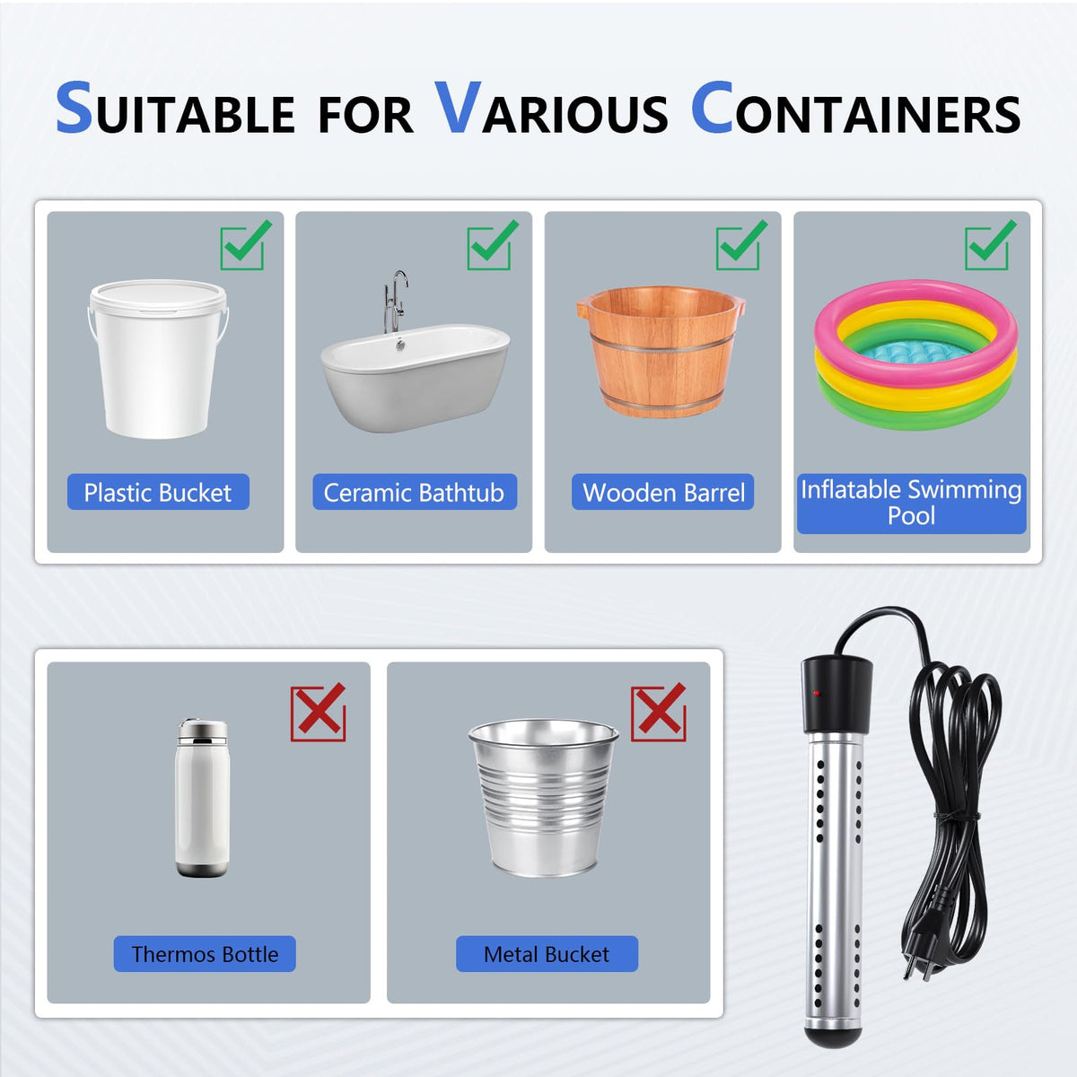 Heats up to five gallons for baths or foot soaks
