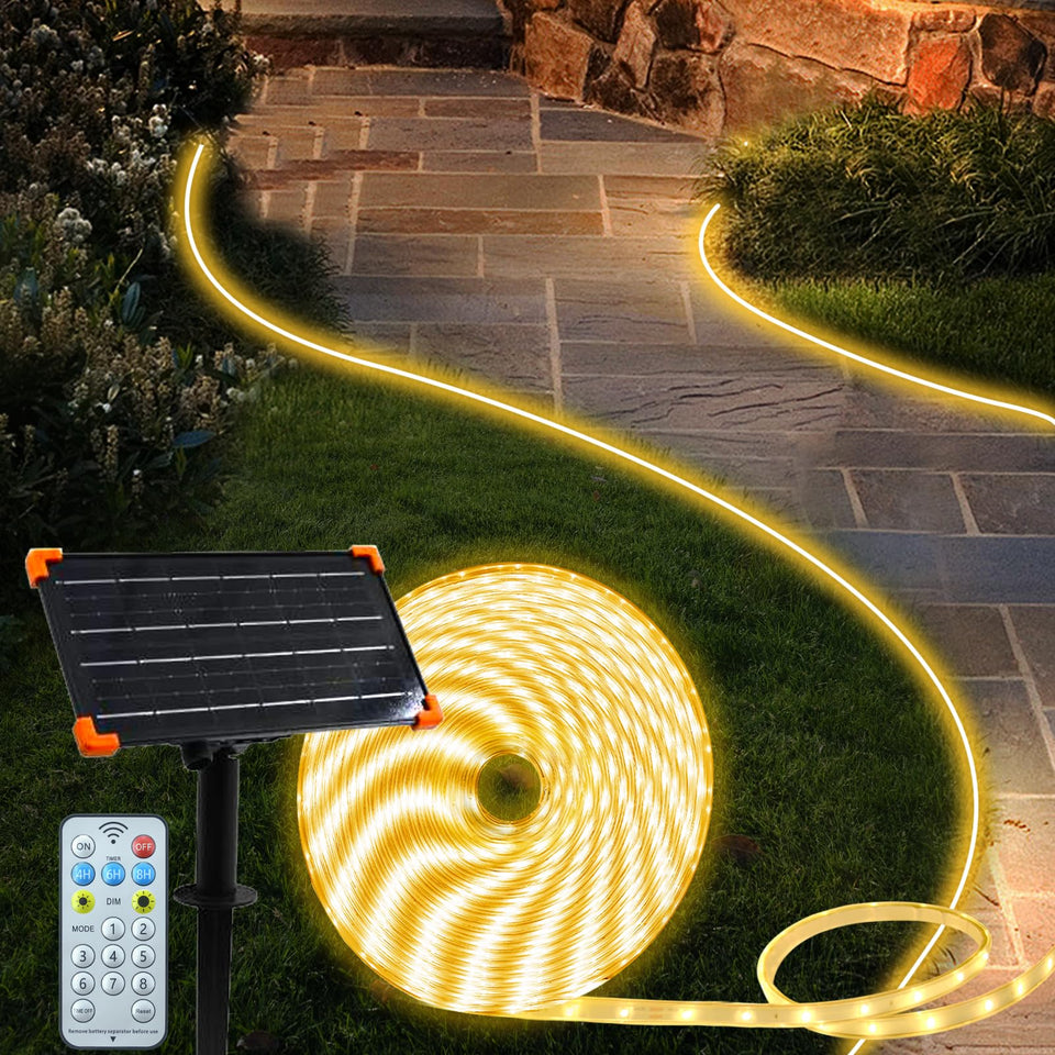 BSGlobal 50ft solar LED strip lights for patio ambiance and easy installation.
