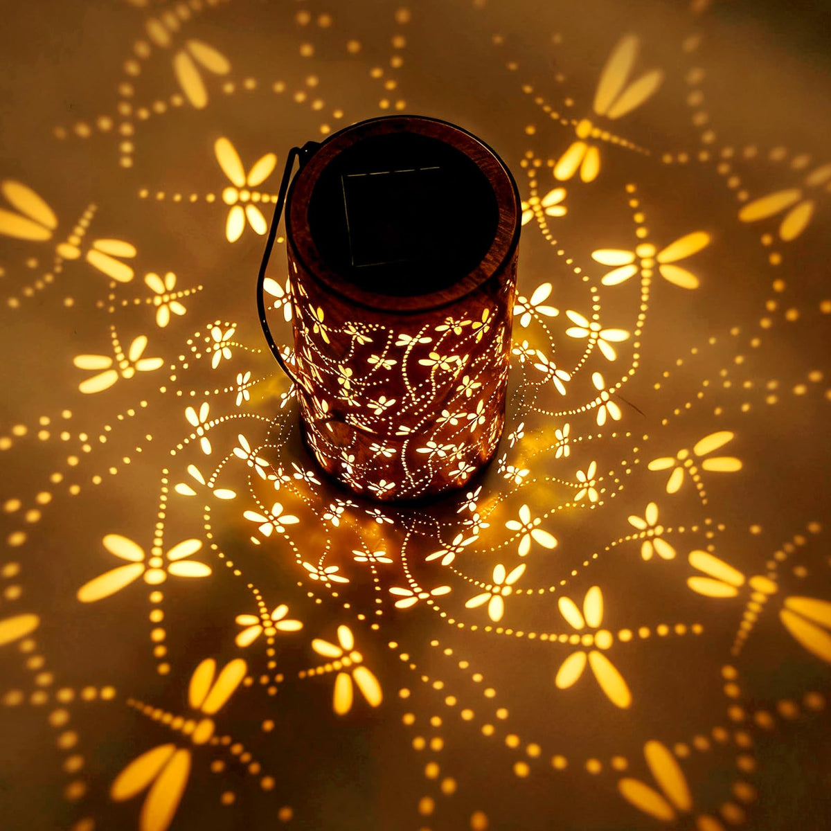 BSGlobal Dragonfly Solar Lantern close-up, antique finish and dragonfly cutouts.