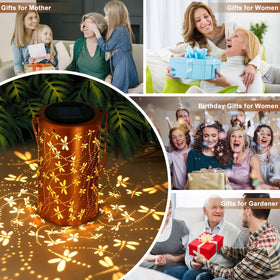 BSGlobal Dragonfly Solar Lantern tabletop display, automatic charging sustains outdoor charm.