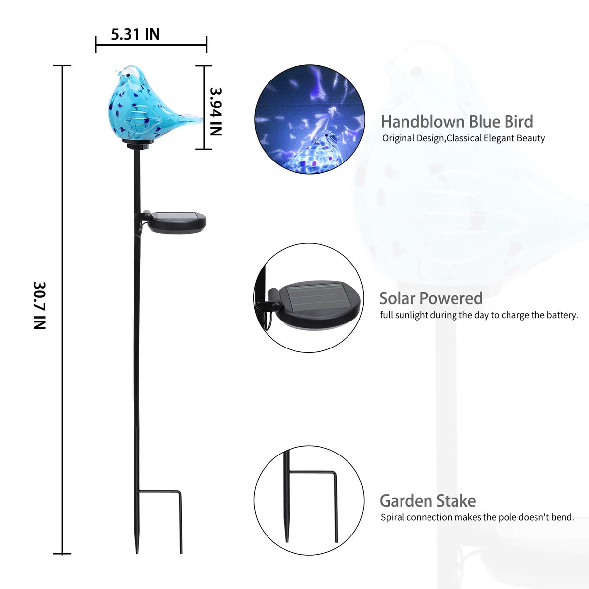 Bshine bluebird stake with glass wings glows softly at night.