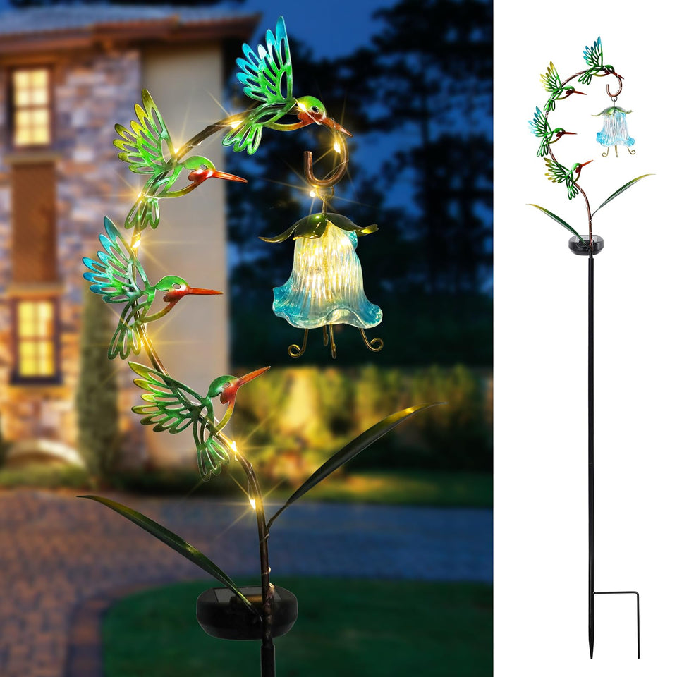 Bshine hummingbird garden stake glows at night, adding color to your yard.