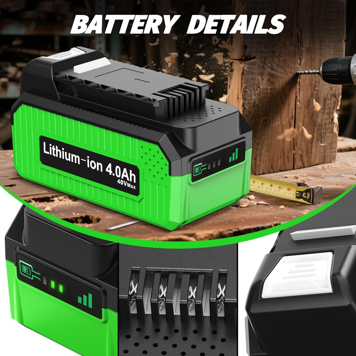 BSLITE 40V battery LED indicator reveals charging status at a glance.