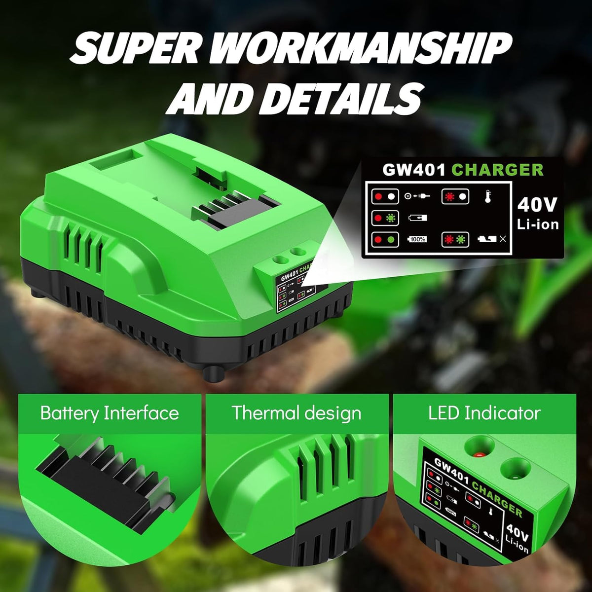 BSLITE 40V charger compact design enables quick setup and safe charging.