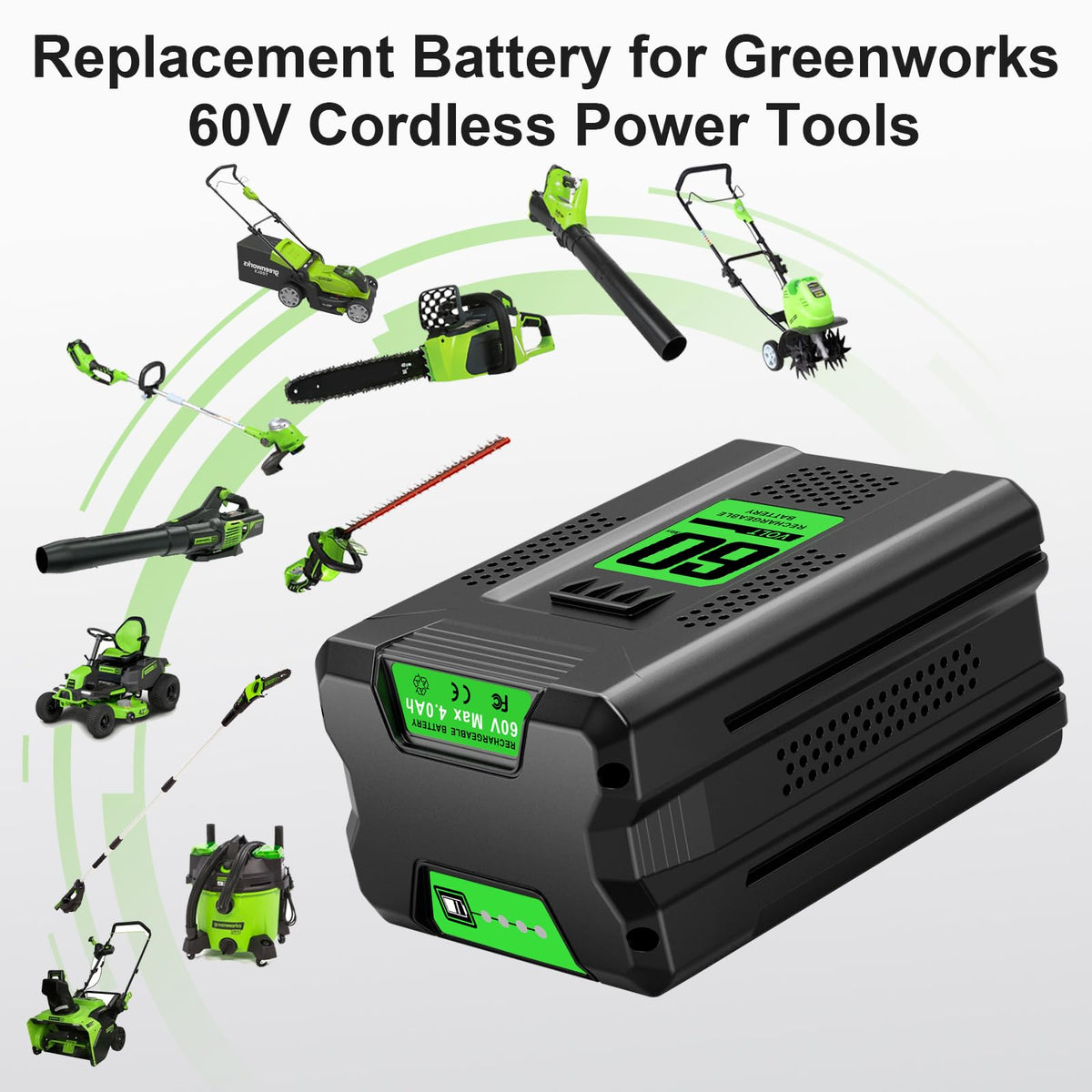 Bslite compatibility chart demonstrates broad Greenworks 60V tool compatibility.