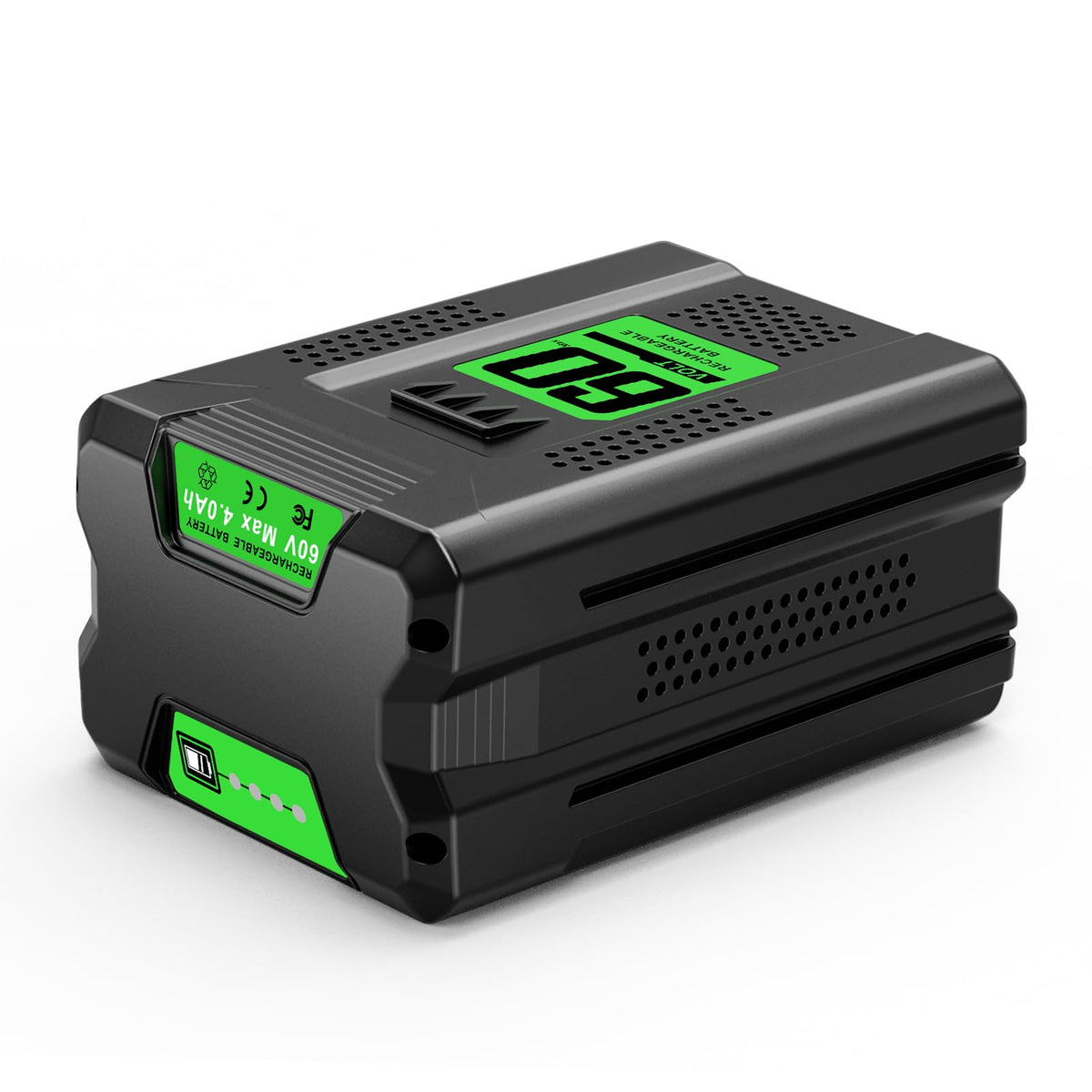 Bslite Greenworks 60V battery front view for easy handling.