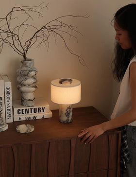 BSOD marble lamp bedside setup, ideal for reading and ambient light.