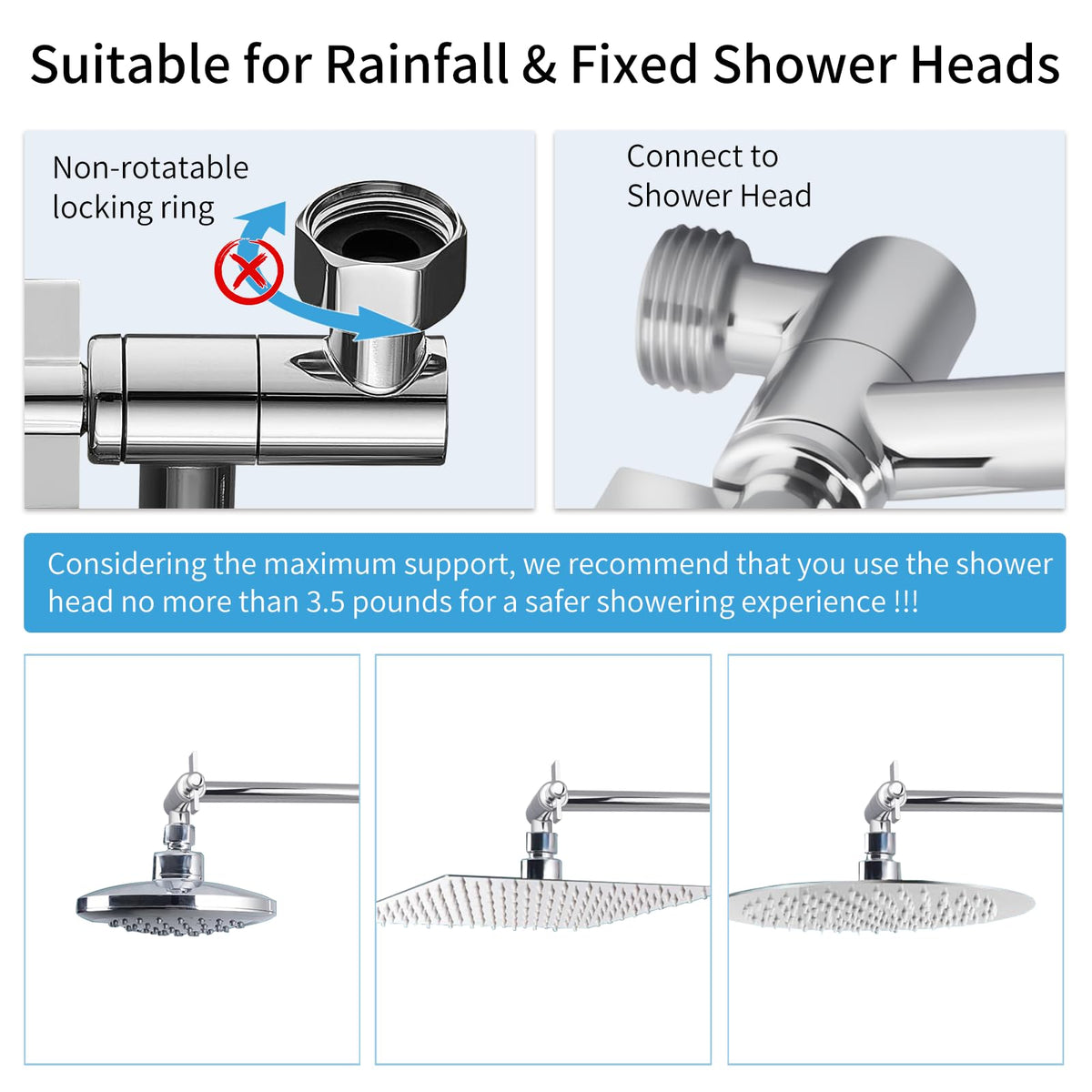 BSTCWCP chrome shower arm compatible with rain and handheld heads