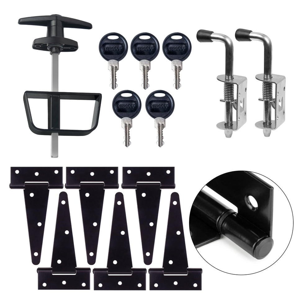 BTEOBFY shed hardware kit laid out with all components for sturdy outdoor doors.