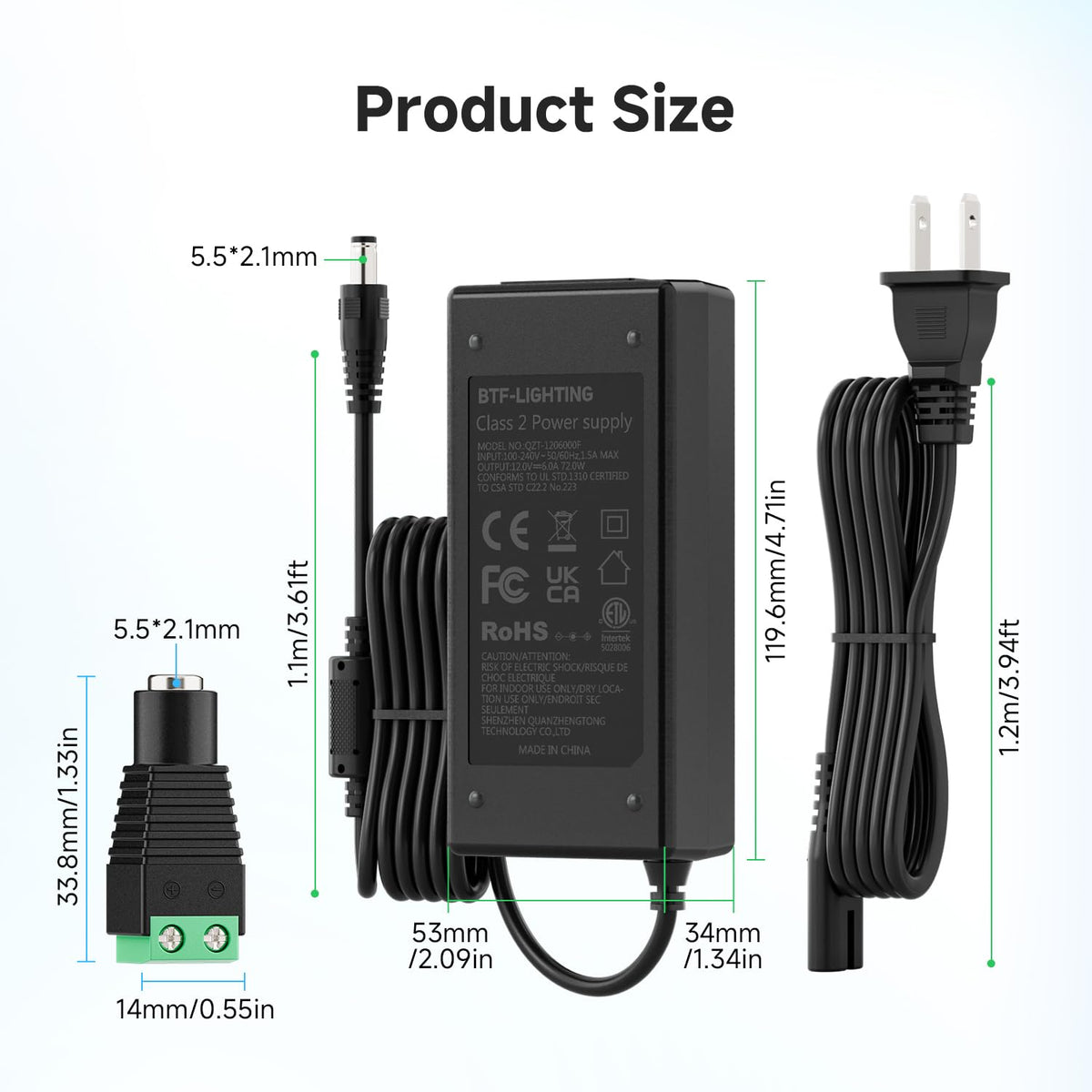 BTF-LIGHTING 5.5x2.1mm DC connector for easy plug-and-play setup.